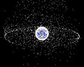 Image 88A computer-generated image mapping the prevalence of artificial satellites and space debris around Earth in geosynchronous and low Earth orbit (from Earth)