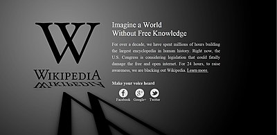 A screenshot of the English Wikipedia landing page, symbolically its only page during the blackout on January 18, 2012