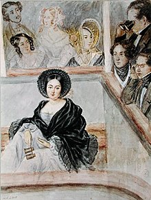 Watercolour of Marie Duplessis at the theatre, by Camille Roqueplan