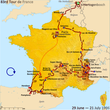 Map of France with the route of the 1996 Tour de France