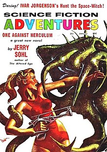 A woman with a ray gun fighting a monster