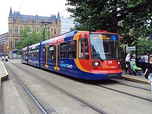 A Siemens-Duewag Supertram, operating a service to Halfway, seen in July 2010.