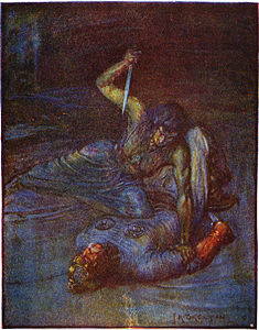 "Water witch trying to stab Beowulf" in Stories of Beowulf, 1908