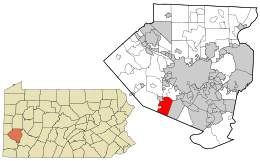 Location of Upper St. Clair in Allegheny County, Pennsylvania (right) and of Allegheny County in Pennsylvania (left)