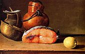 Bodegón con trozo de salmón, un limón y tres vasijas by Luis Egidio Meléndez