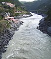 The Bhagirathi (foreground) on its way to meet the sediment-laden Alaknanda, and to flow on as the Ganges.