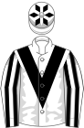 White, black chevron, black and white striped sleeves, white cap, black diamonds