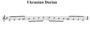 a visual representation of the Ukrainian Dorial scale D, E, F, G♯, A, B,C, D