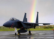 A F-15C Eagle aircraft from the 493rd Fighter Squadron, 48th Fighter Wing, parked on the apron at RAF Lakenheath