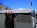 Tea house at the North Everest Base Camp. Mount Everest is visible in the background.