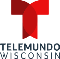 The Telemundo logo in red, which is rendered utilizing the sides of two circles rendered as a "T", appears. Below it, text on two separate lines reads "TELEMUNDO" and "WISCONSIN" in dark gray.