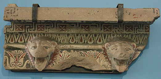 Greek fragment from the roofline of the Temple of Hera at Paestum, present-day Italy, c.520, carved and painted terracotta, Museo Archeologico Nazionale, Paestum[11]
