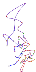 ☎∈ Simplified route of the 2012 Summer Olympics torch relay. Note: The curve does not follow the actual route but merely indicates the progress of the torch through the cities and towns.