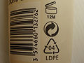 PAO symbol, along with the Green Dot symbol and resin identification code on a bottle of lotion.