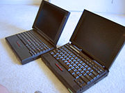 An IBM ThinkPad 310ED and a 760ED, both from the 1996–97 era. The 760ED boasts the unique flip-up keyboard that was standard on all 760 ThinkPads