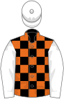Black and orange check, white sleeves and cap