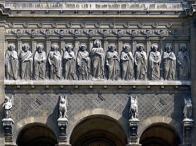 The frieze depicting Christ and the Twelve Apostles over the west portal
