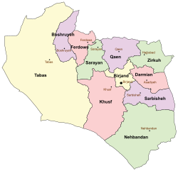 Location of Darmian County in South Khorasan province (right, pink)