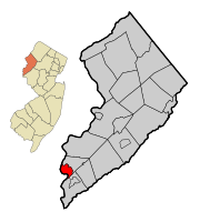 Location of Phillipsburg in Warren County highlighted in red (right). Inset map: Location of Warren County in New Jersey highlighted in orange (left).