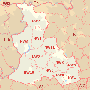 NW postcode area map, showing postcode districts, post towns and neighbouring postcode areas.