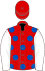 Red, royal blue spots, white sleeves, red cap