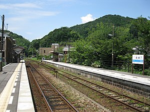 A view of the station platforms and tracks looking in the direction of Mugi. The level crossing can be seen in the distance.