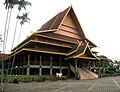 A Grand Malay derived from the Lipat Kajang style and extended with Limas roof style, Riau Pavilion, Taman Mini Indonesia theme park. This style of structure is often used in palace architecture of Malay kings, and in government buildings.