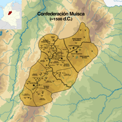 Location of the Muisca Confederation circa 1500; Zipa, Zaque, and Independent territory labelled
