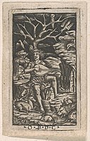 Niello print, 2 inches high, 1500-1520. Orpheus seated and playing his lyre, by Peregrino da Cesena