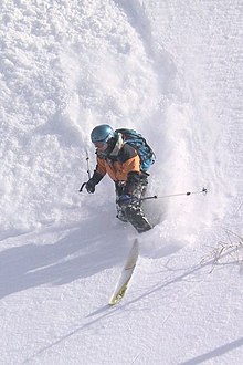 Linda Peer telemark skiing in powder.