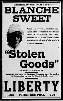 Stolen Goods is a 1915 American drama silent film directed by George Melford and written by Margaret Turnbull. This is a newspaper advert for the film.