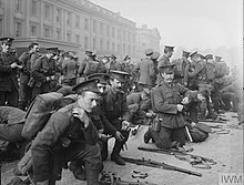 1st Battalion, Irish Guards prepare to leave Wellington Barracks, Westminster, London, following the outbreak of the First World War, 6 August 1914. The Battalion arrived in France as part of the British Expeditionary Force on 13 August 1914.