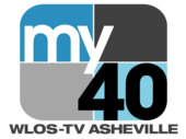 A rounded rectangle divided into blue and gray parts with the word "my" in white and a black "40" in the lower right. Beneath is the text "W L O S - T V Asheville".