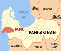 Map of Pangasinan with Dasol highlighted