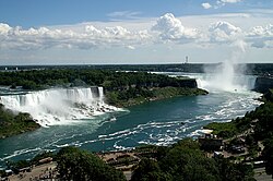 High view of Niagara Falls as viewed from the Canadian side of the river. The image includes American Falls, Bridal Veil Falls, and Horseshoe Falls.