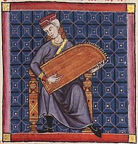 print of musician playing a harp-like psaltery