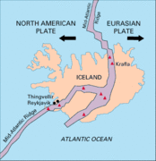 Map showing the Mid-Atlantic Ridge splitting Iceland and separating the North American and Eurasian Plates