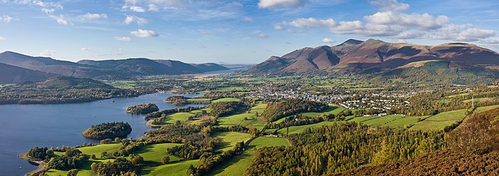 A panoramic view of the town of Keswick, nestled between the fells of Skiddaw and Derwent Water in the Lake District. Taken from about three quarters of the way to the summit of Walla Crag.