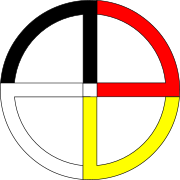 This is an example of a medicine wheel design that is being used by some Lakota people as a pedagogical tool. This example has empty quadrants and vertical and horizontal lines.