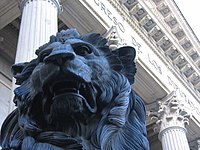 Detail of one of the two bronze lions outside the Spanish Congress of Deputies building, in Madrid