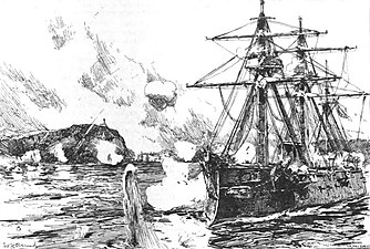 Iron clad line of battle ship attacking a harbour