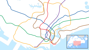 A map of the Singapore rail system, with a colour for each line and a red dot highlighting the location of Buangkok station in northeast Singapore.