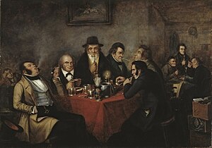 painting of men in a club sitting around a table drinking and smoking