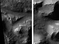 Atlantis Chaos. Click on image to see mantle covering and possible gullies. The two images are different parts of the original image. They have different scales. Location is Phaethontis quadrangle.