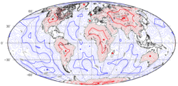 ☎∈ Mollweide projection map of distance to the nearest coastline (including oceanic islands, but not lakes) with red spots marking the poles of inaccessibility of main land masses, Britain, and the Iberian Peninsula. Thin isolines are 250 km apart; thick lines 1000 km.