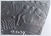 Sex between two females and two males.[1] On the right are two females and the figure furthest to the right has raised their legs around the person next to them.[1] On the left is anal sex between two males.[1]Fragment of a terracotta vessel. Stamped with the name Vitalis. 65 - 80 CE. Vorarlberg museum, Austria