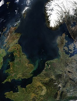 A satellite image of North-Western Europe showing the expanse of the North Sea