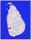 Area map of Colombo District, roughly rectangular in shape and extending inwards from the west south west coast in the Western Province of Sri Lanka