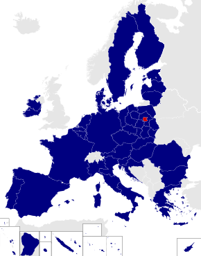 Map of the European Parliament constituencies with Warsaw highlighted in red