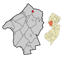 Location of Califon in Hunterdon County highlighted in red (left). Inset map: Location of Hunterdon County in New Jersey highlighted in orange (right).